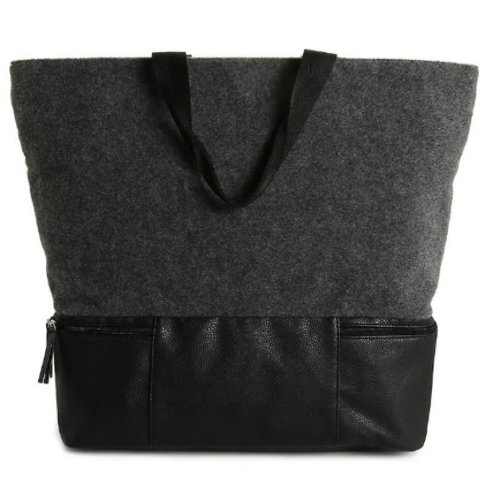 DSW Grey Wool Felt Maxi Tote Shoe Compartment Faux Leather Outside Pocket ZipTop - Picture 5 of 9